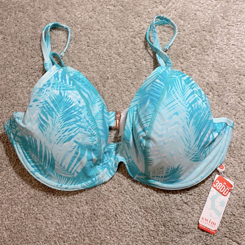 NWT Swim Systems. Bikini top 38DD teal/white